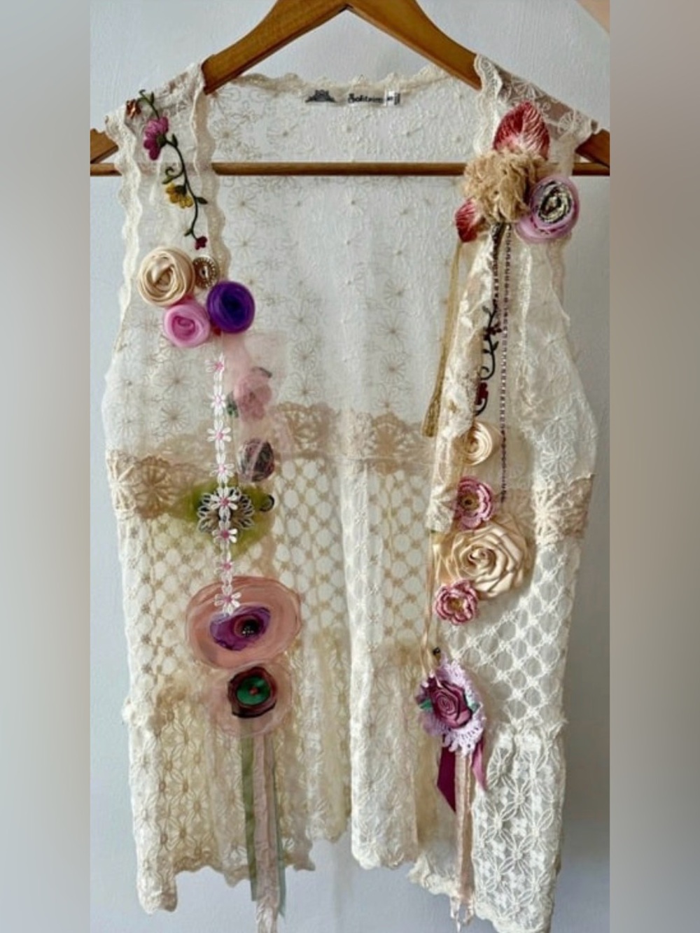 Handmade Cream Fairy Lace Floral Appliqué Vest